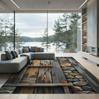 Rustic Hewn Wood Stone Inlay Rug