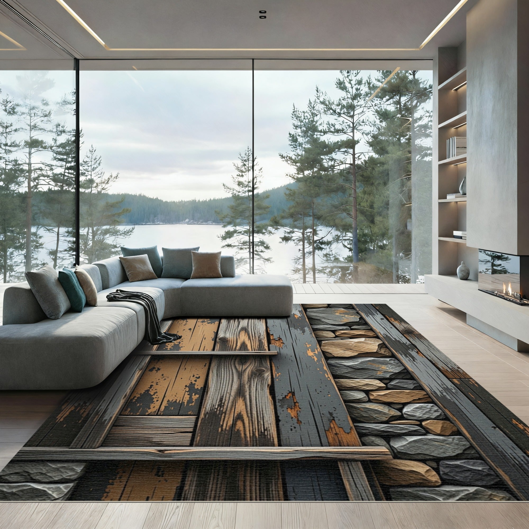 Rustic Hewn Wood Stone Inlay Rug