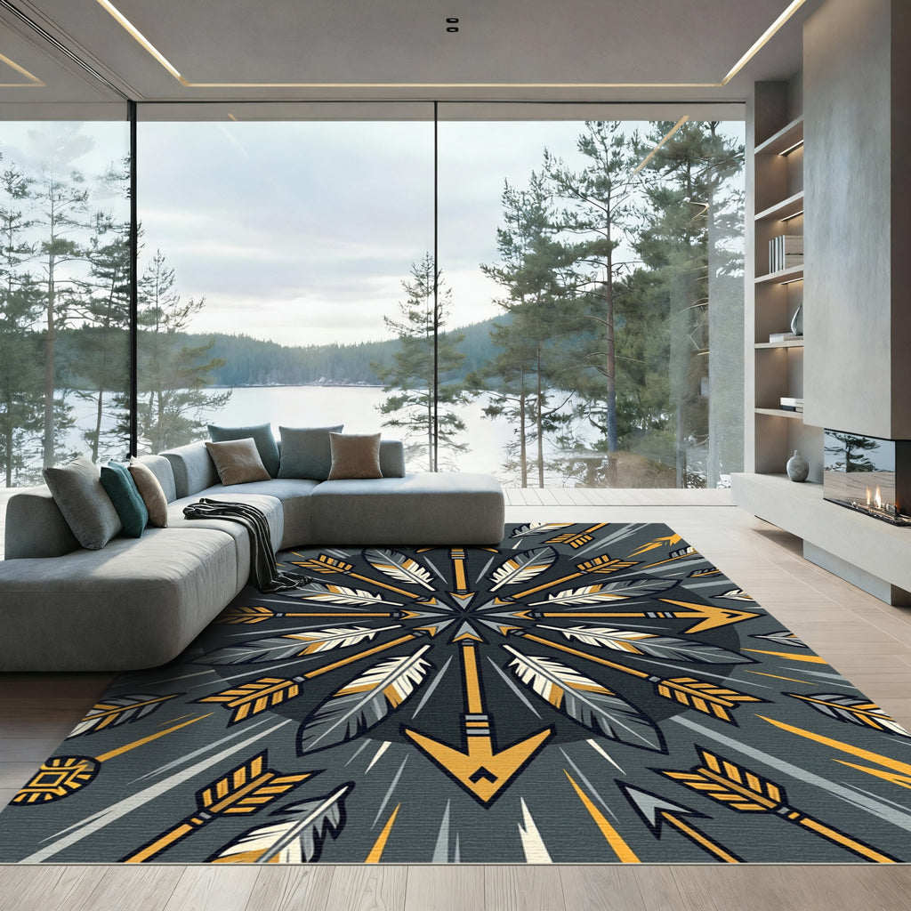 Geometric Arrow Feather Gold Gray Medallion Rug