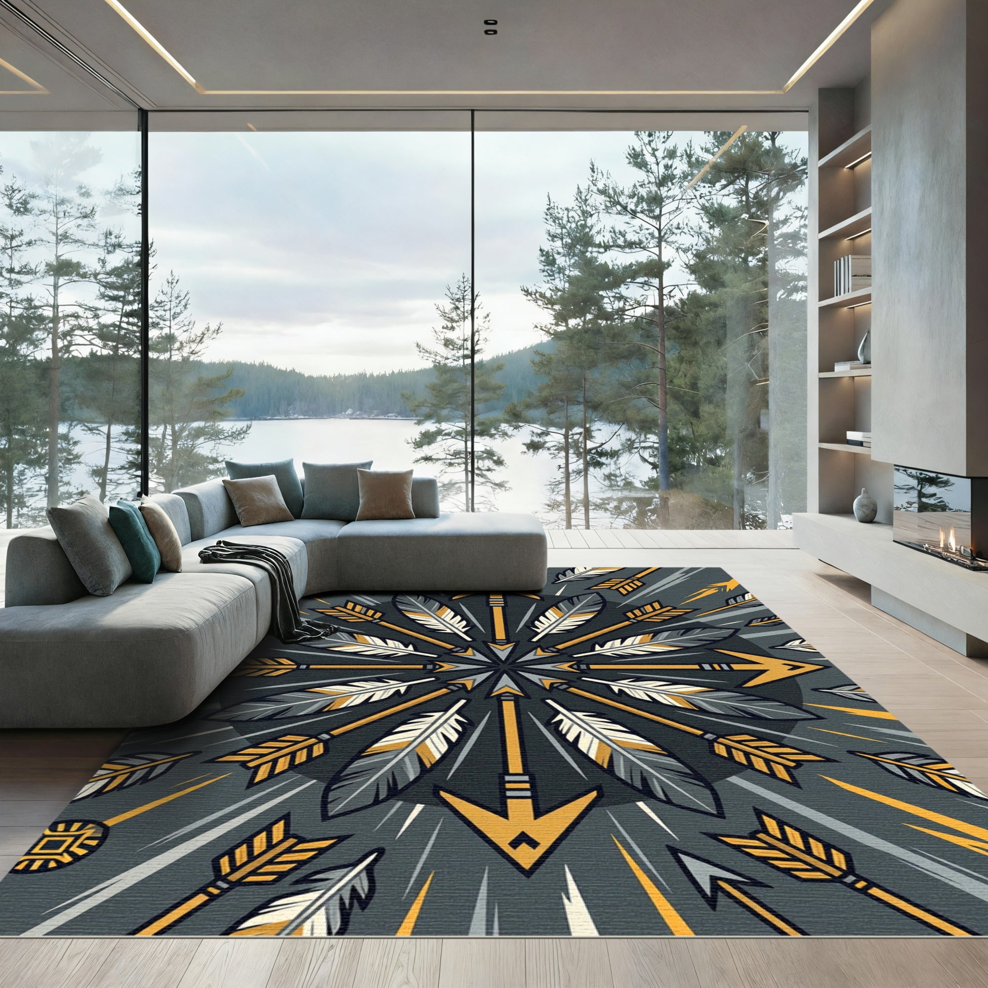 Geometric Arrow Feather Gold Gray Medallion Rug