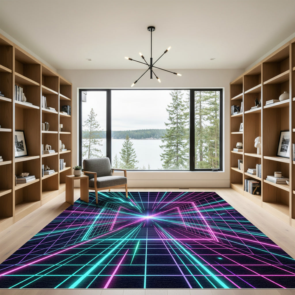 Neon Grid Cyberpunk Light Tunnel Rug