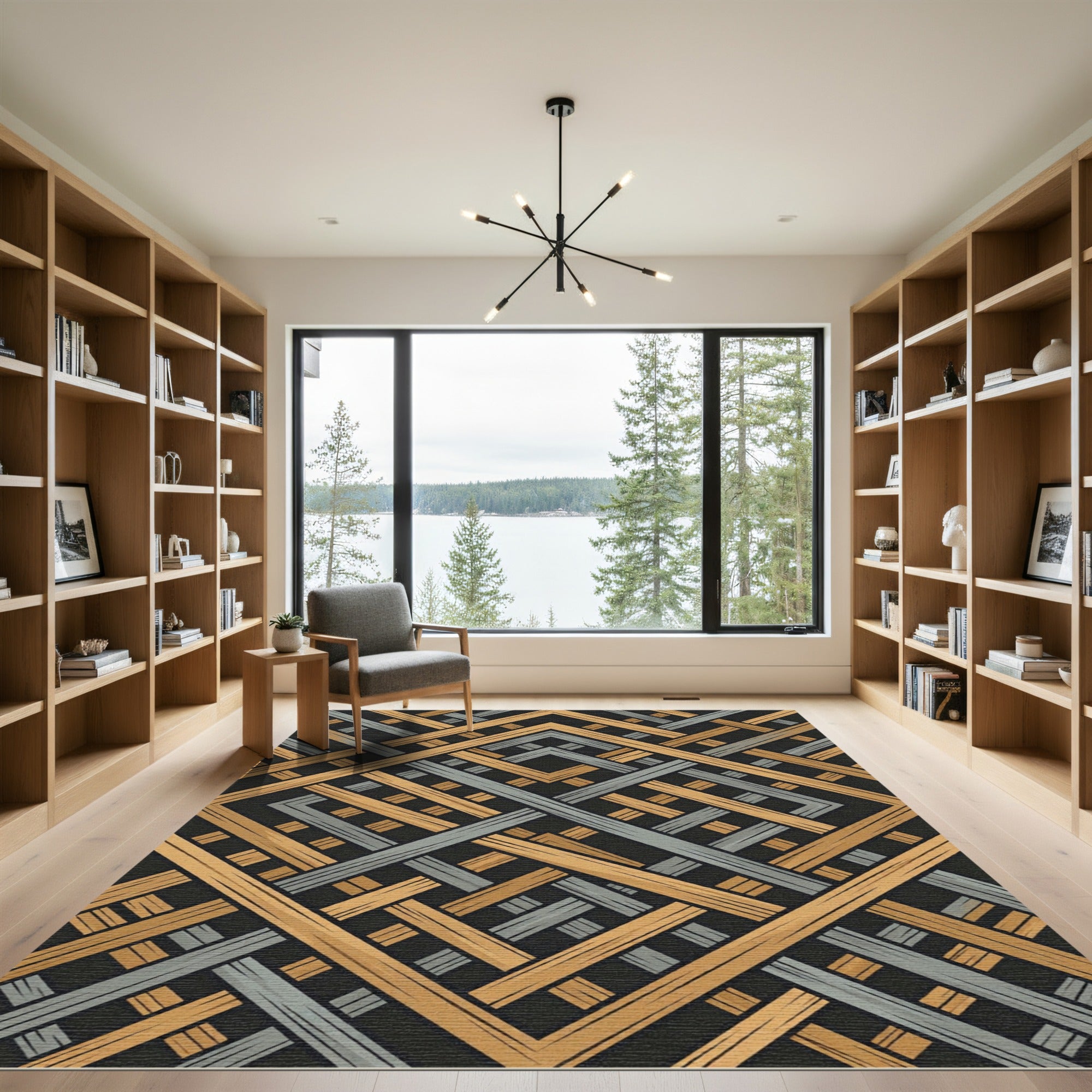 Geometric Gold and Silver Interlocking Lattice Rug