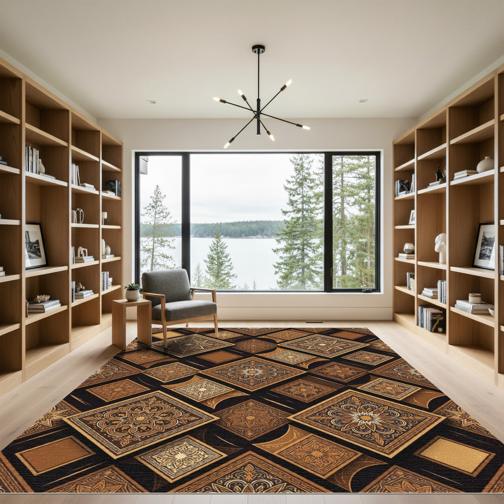 Golden Brown Intricate Medallion Squares Rug