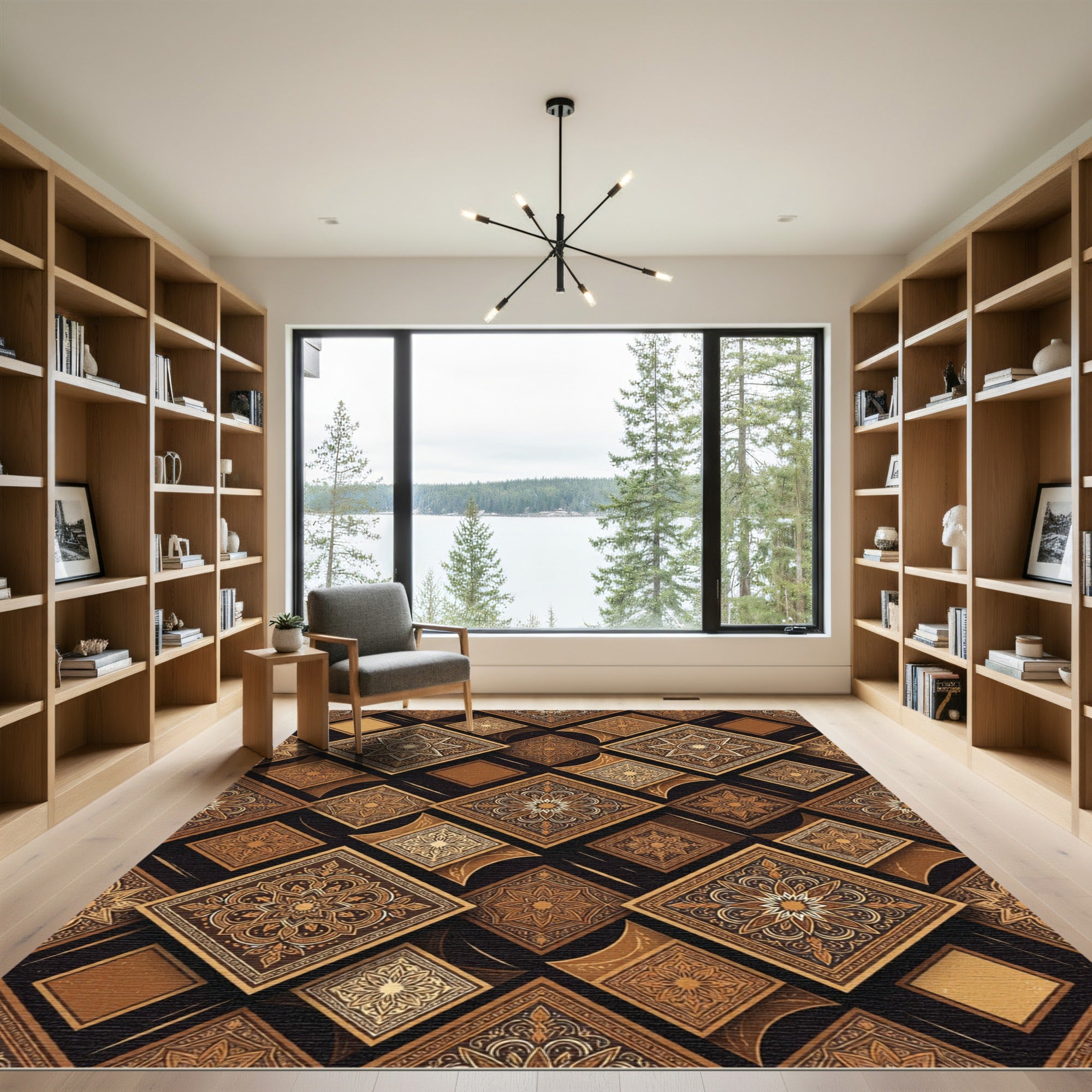 Golden Brown Intricate Medallion Squares Rug