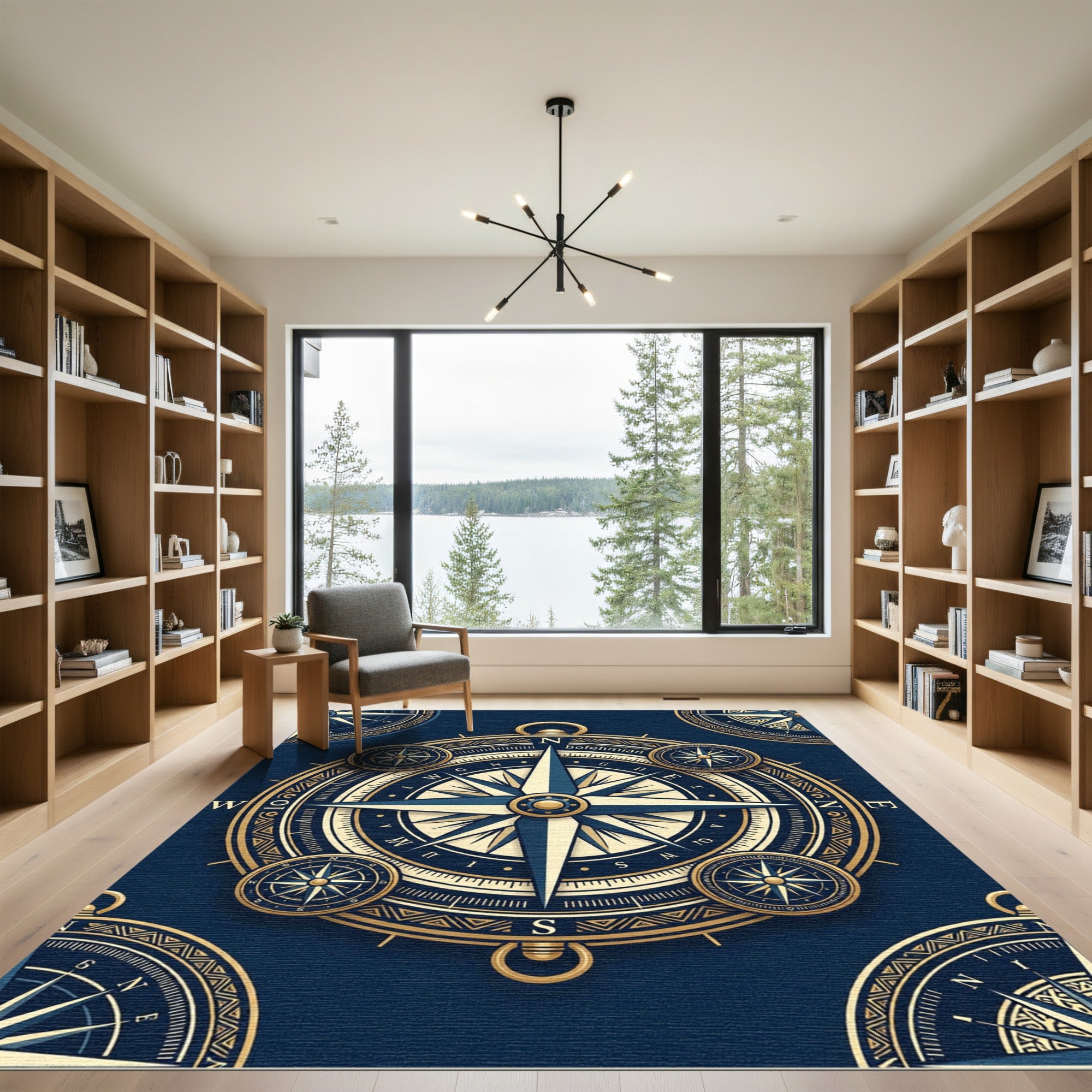Navy Golden Nautical Compass Floor Art Rug
