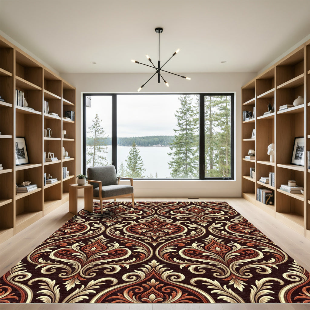 Deep Red Damask Scrollwork Medallion Rug