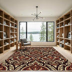 Deep Red Damask Scrollwork Medallion Rug
