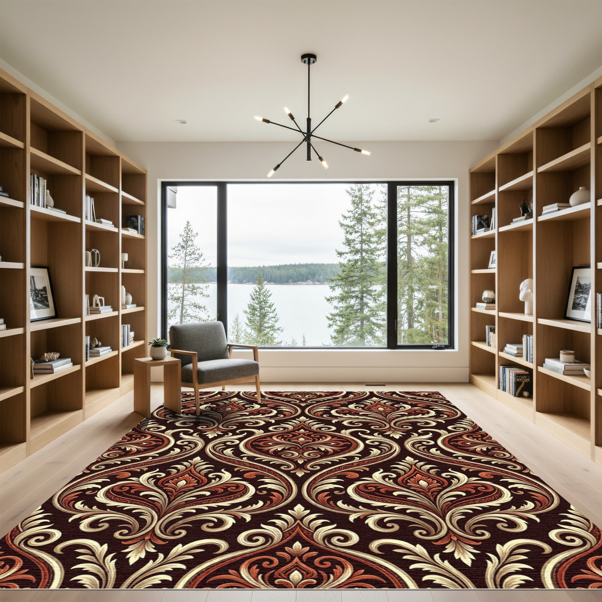 Deep Red Damask Scrollwork Medallion Rug