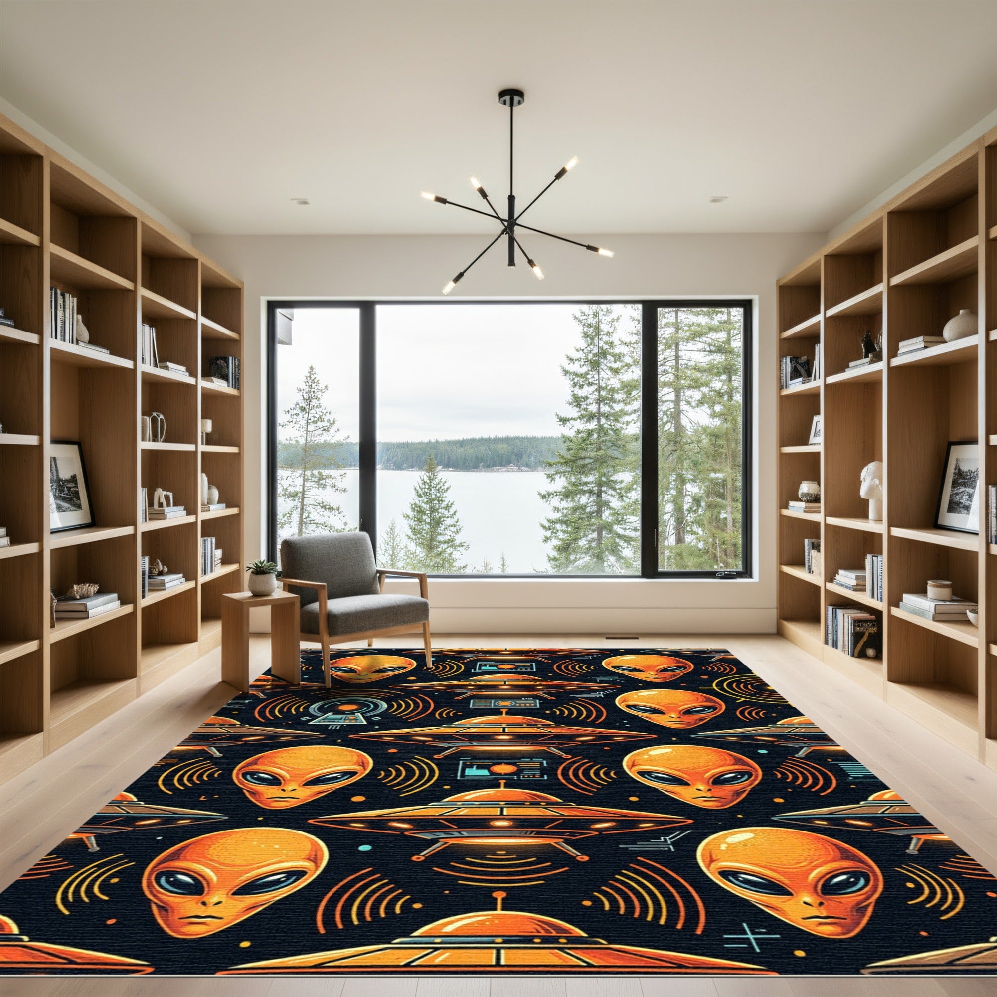 Orange Alien Ufo Retro Space Graphic Rug