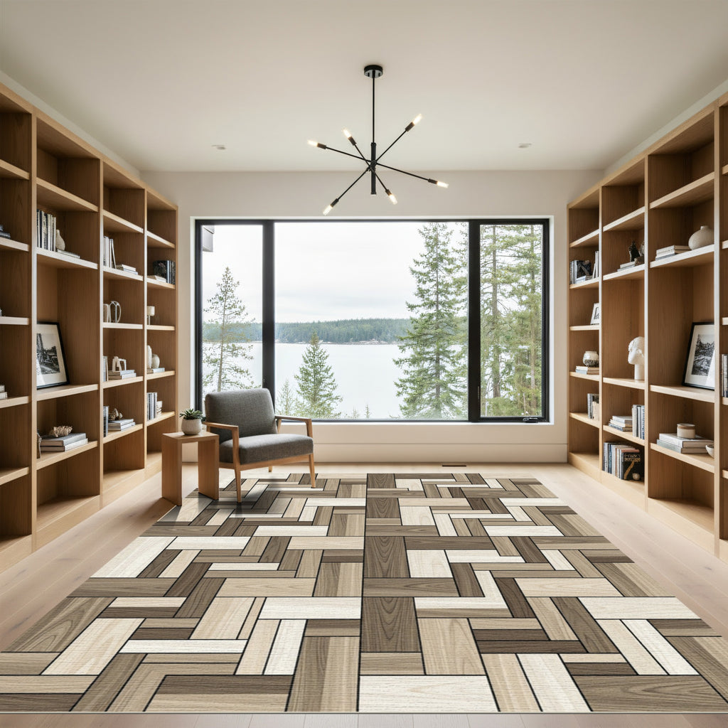 Modern Neutral Toned Parquet Wood Block Rug
