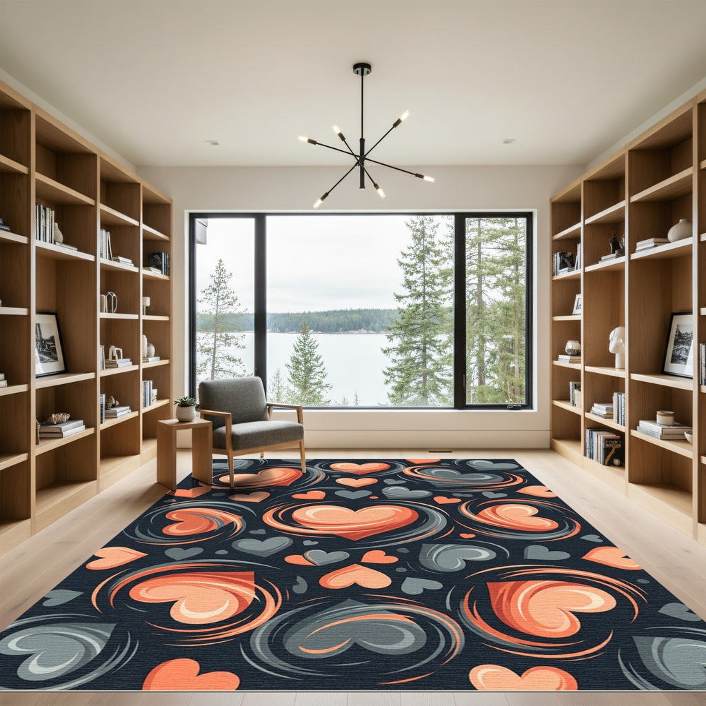 Whimsical Peach and Charcoal Swirling Hearts Rug