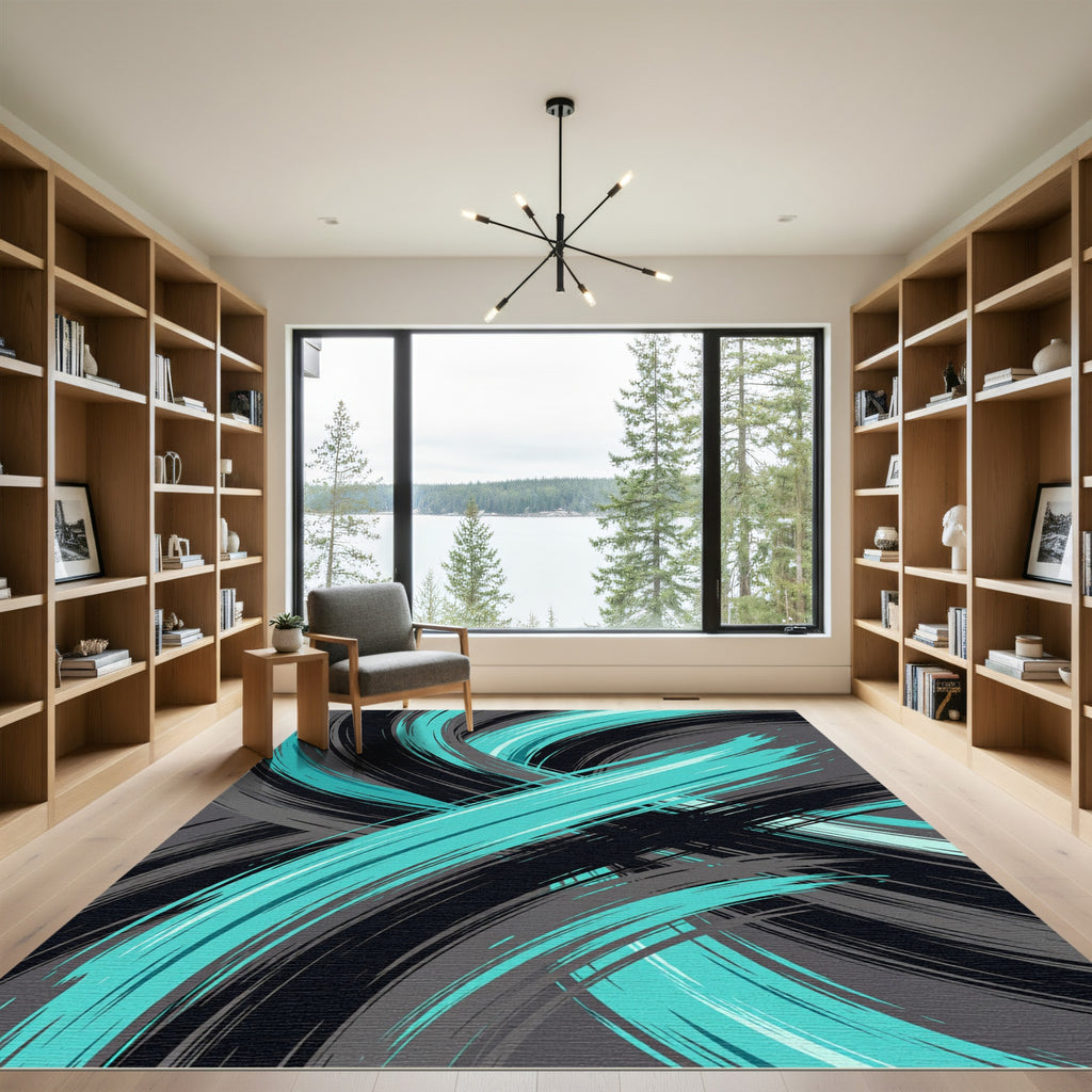 Dynamic Teal and Black Abstract Swoosh Rug