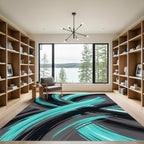Dynamic Teal and Black Abstract Swoosh Rug