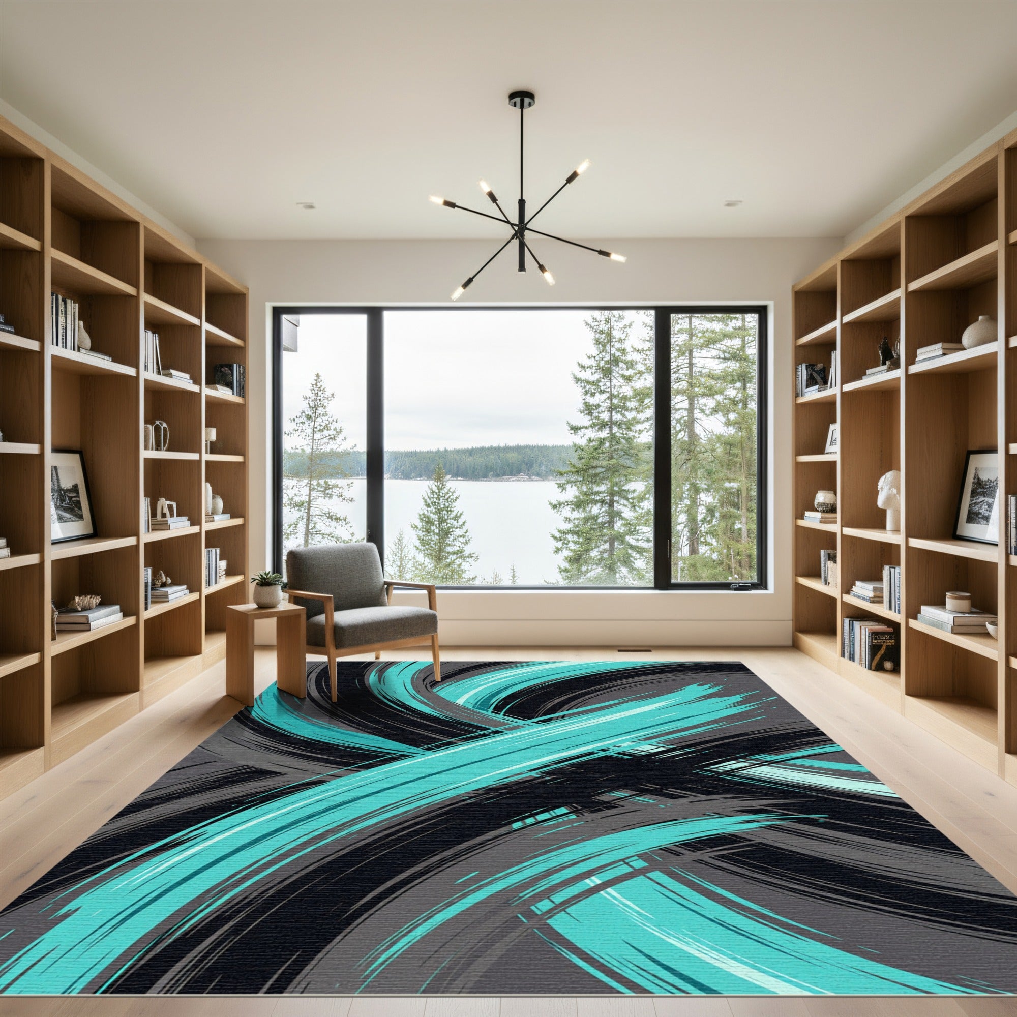 Dynamic Teal and Black Abstract Swoosh Rug