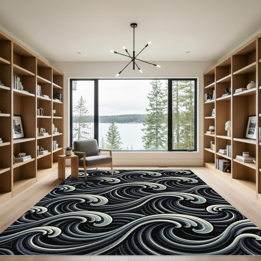 Dynamic Monochromatic Ocean Swirl Rug