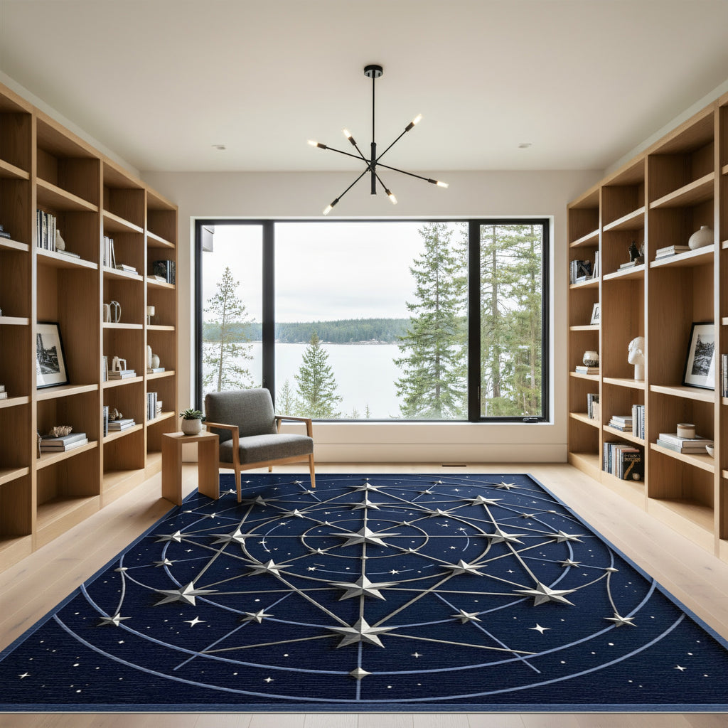 Celestial Midnight Blue Astral Geometric Rug