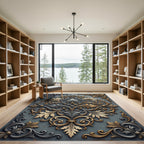 Ornate Metallic Gold and Silver Scrollwork Rug