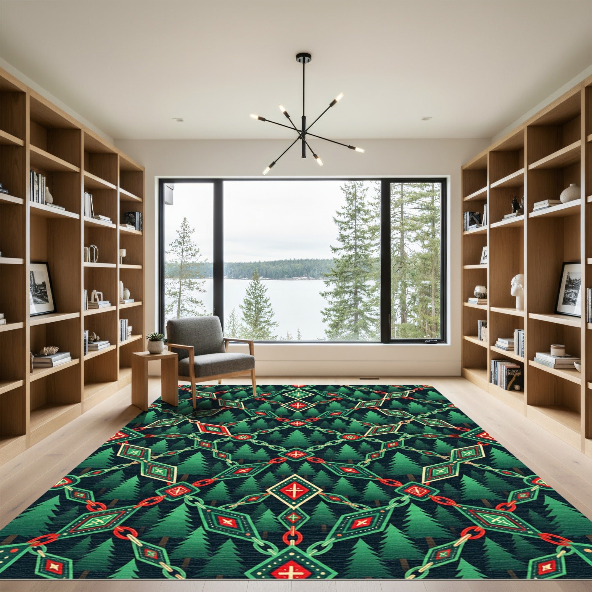 Forest Geometric Diamond Linked Chain Crest Rug