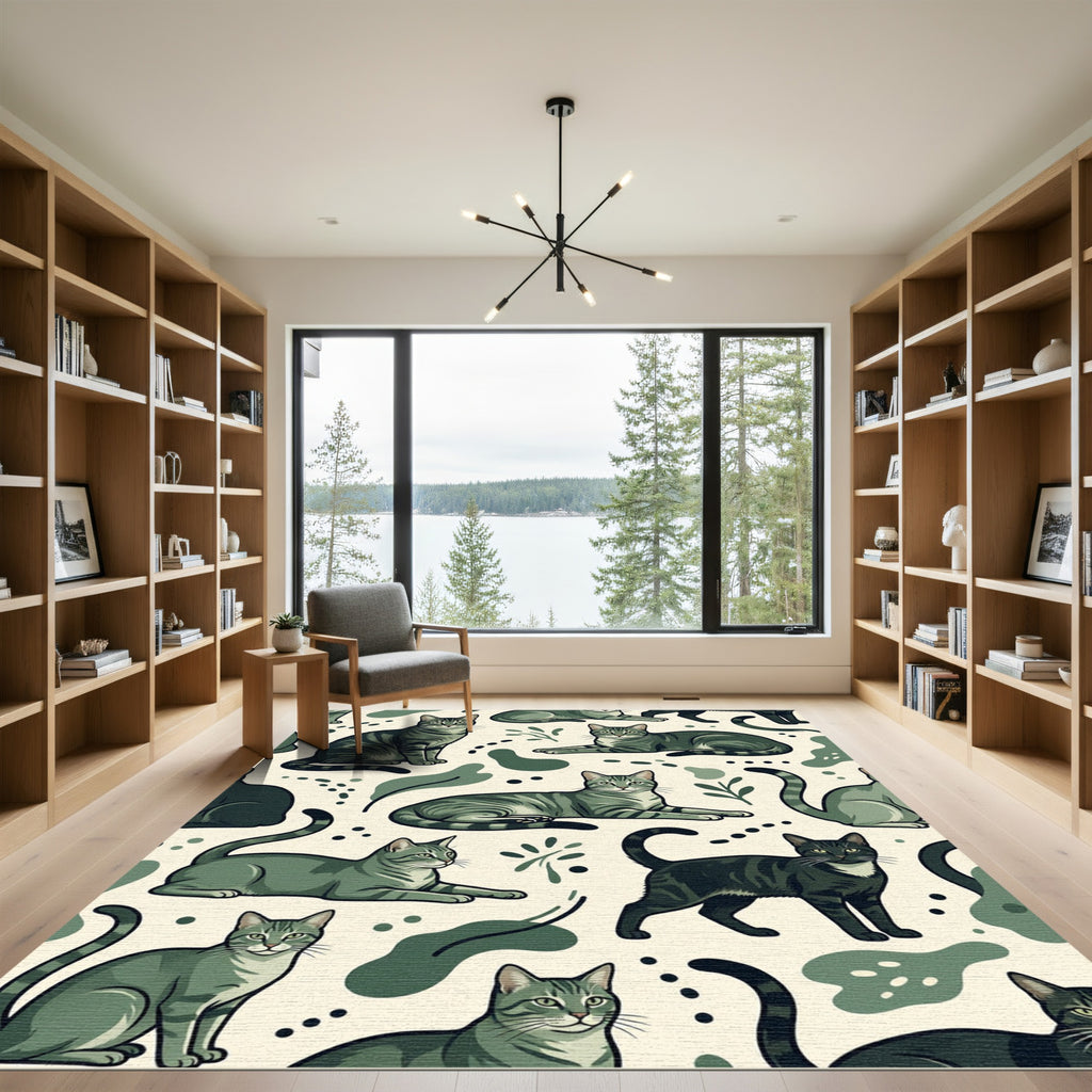 Sage Green Whimsical Tabby Cat Illustration Rug