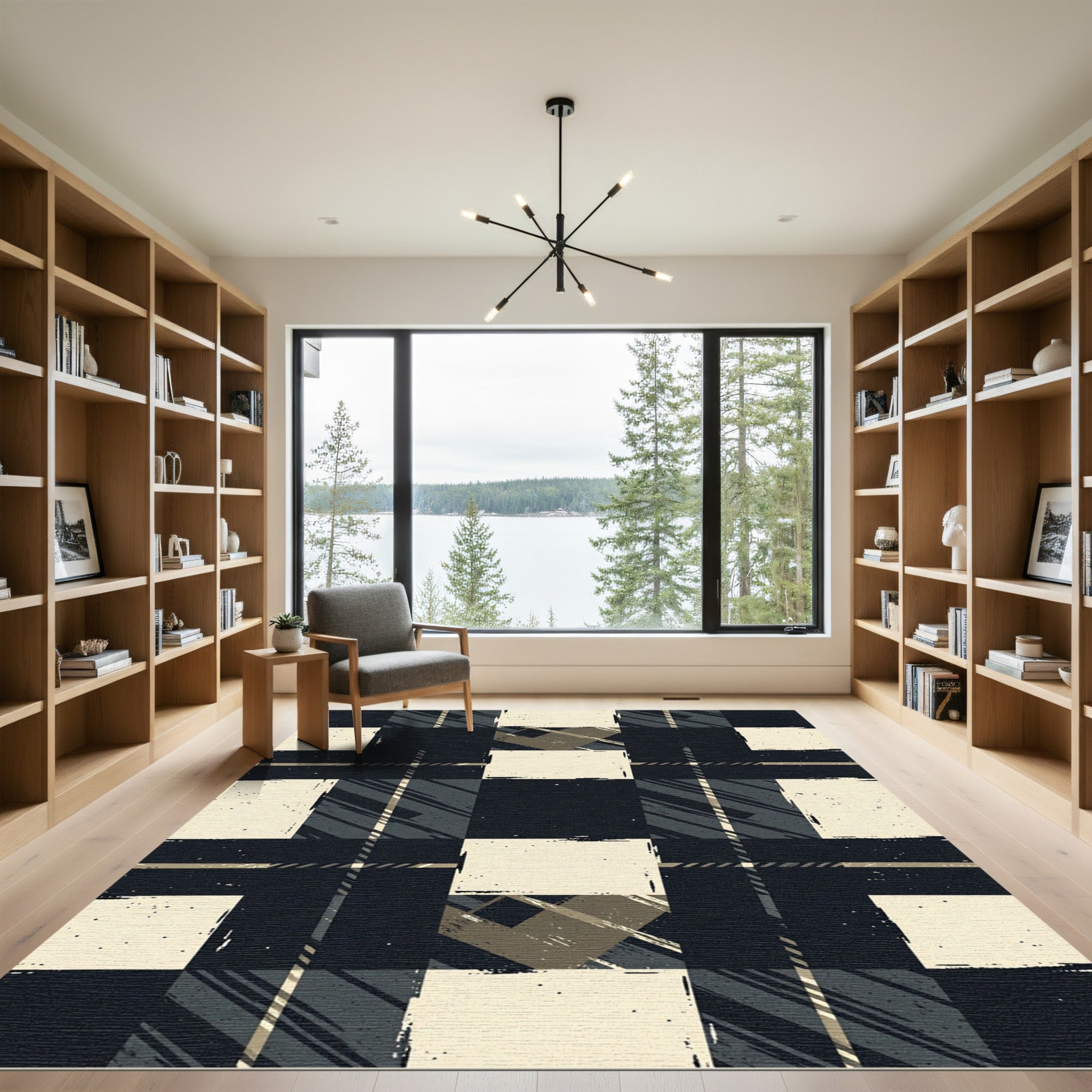 Modern Black and Beige Plaid Check Rug