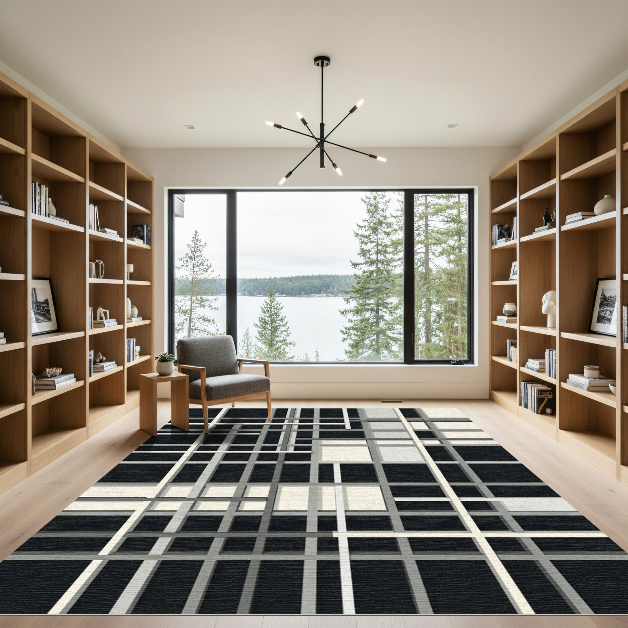 Modern Black Gray White Intersecting Lines Rug