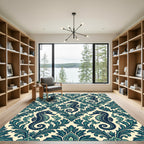 Elegant Teal Seahorse Damask Ocean Wallpaper Rug