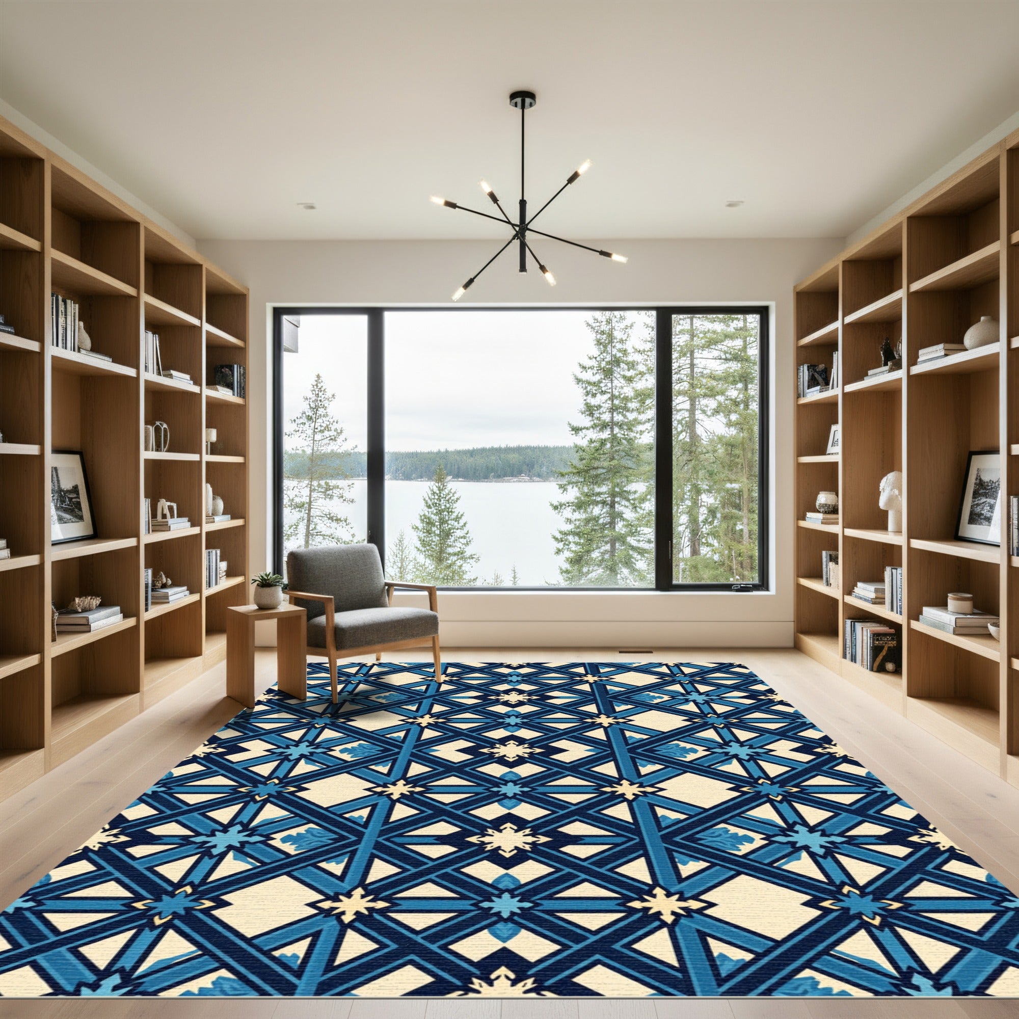Navy Blue Geometric Star Entwined Lattice Rug