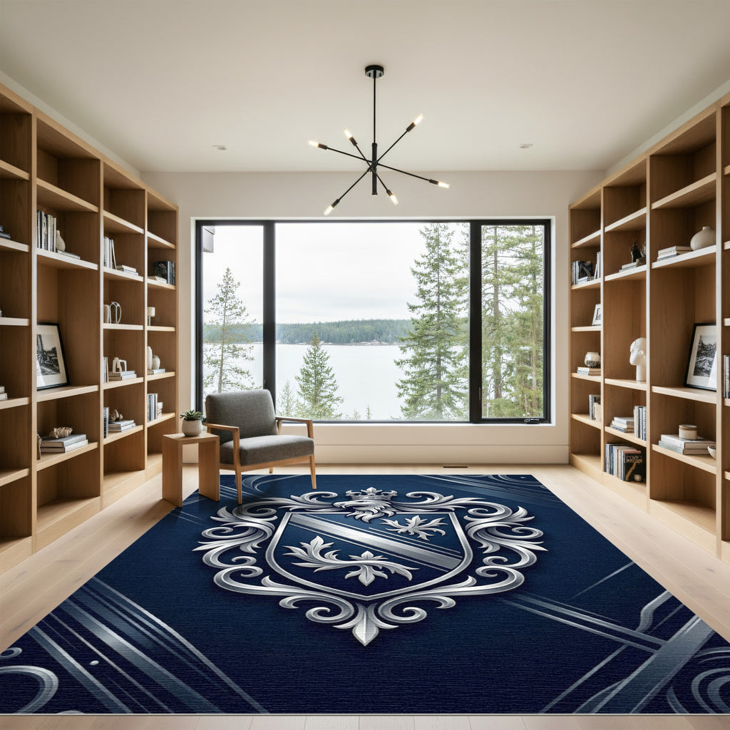 Silver Emblazoned Crest Royal Blue Shield Rug