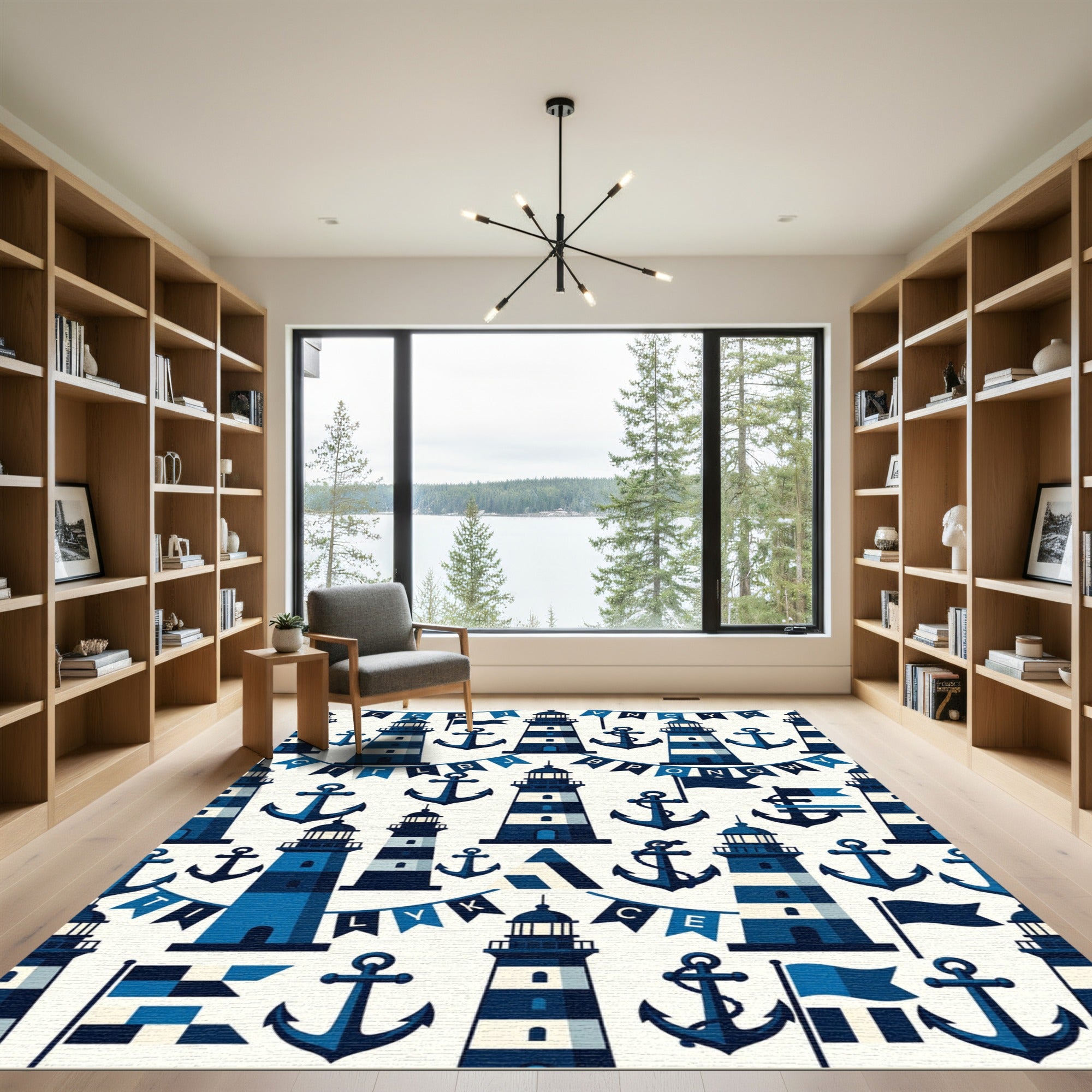 Nautical Blue Lighthouses Anchor Banner Rug