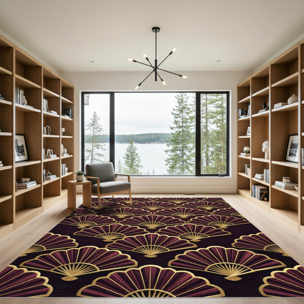 Elegant Art Deco Burgundy Fan Rug
