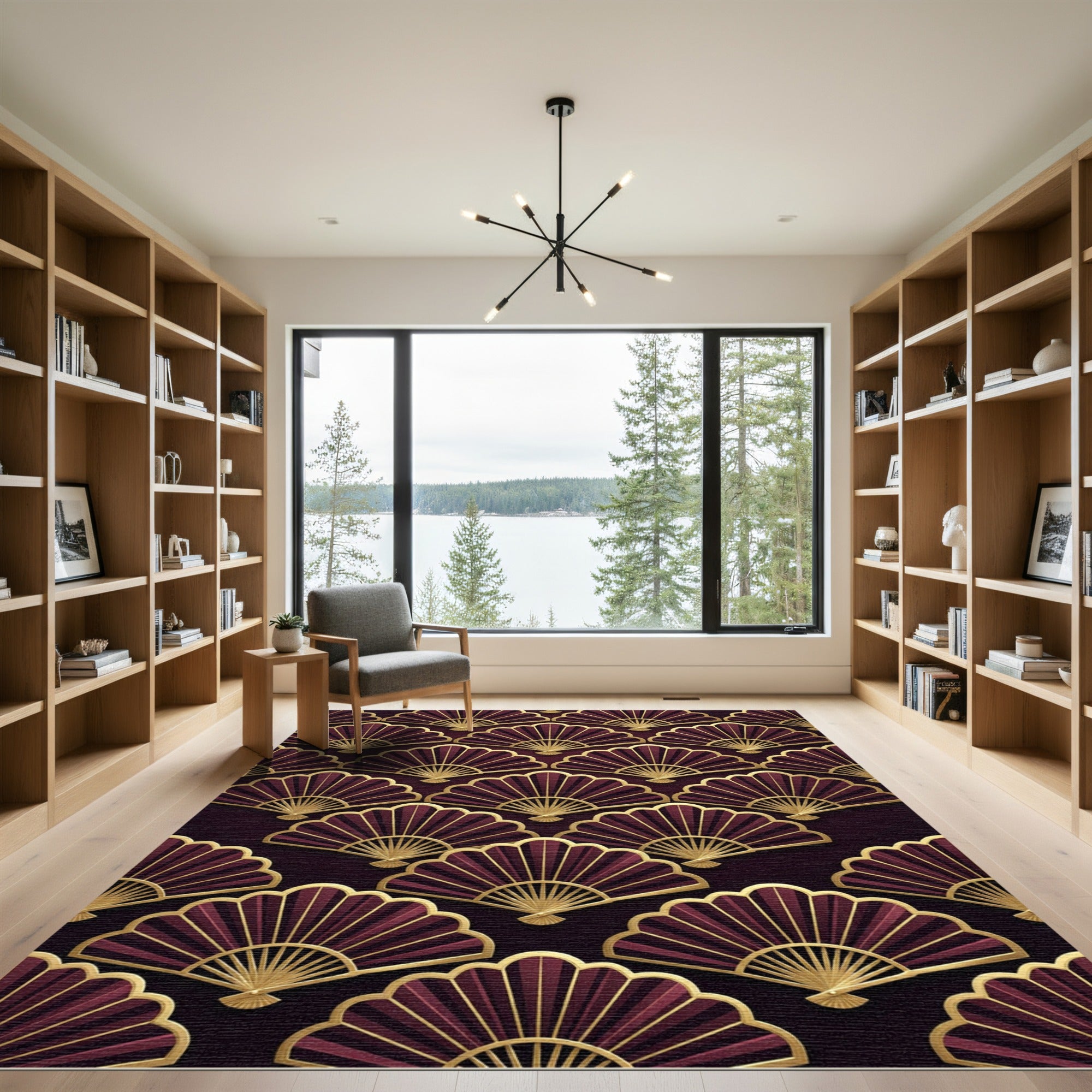 Elegant Art Deco Burgundy Fan Rug