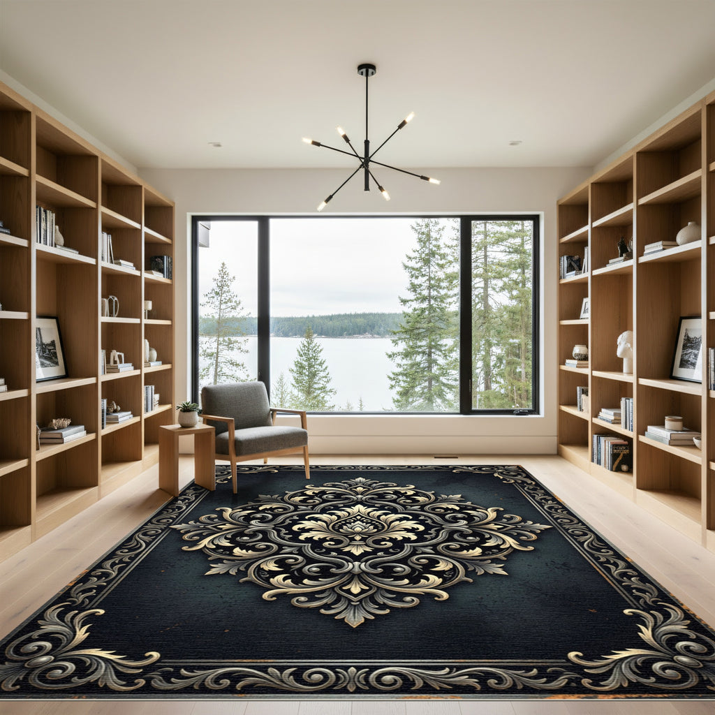 Elegant Charcoal Gold Floral Damask Rug