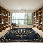 Elegant Charcoal Gold Floral Damask Rug