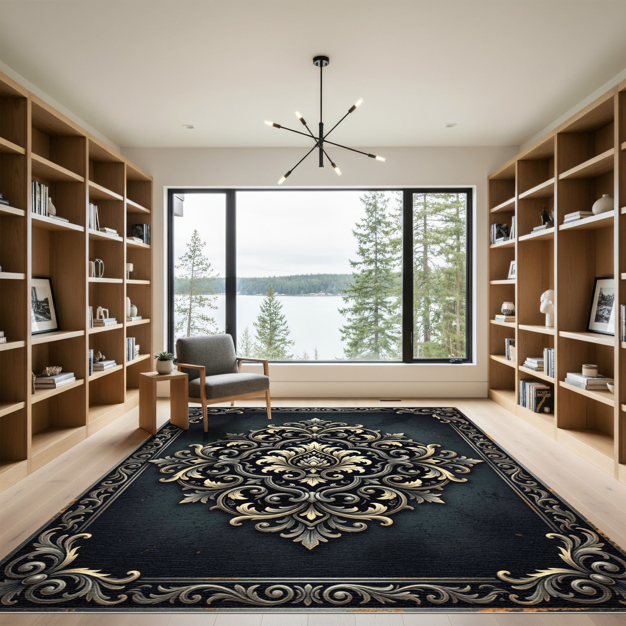 Elegant Charcoal Gold Floral Damask Rug