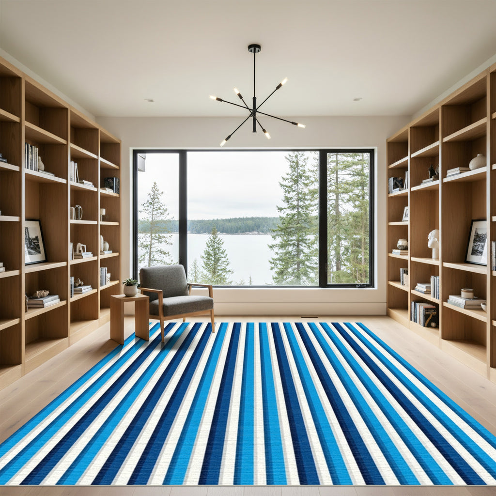 Modern Navy Blue Vertical Stripe Rug