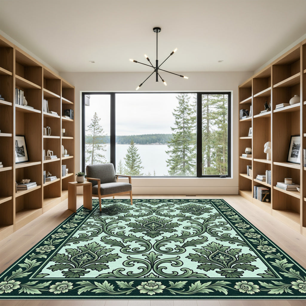 Ornate Green Floral Damask Rug