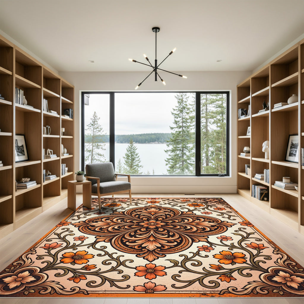 Ornate Amber Floral Damask Medallion Rug