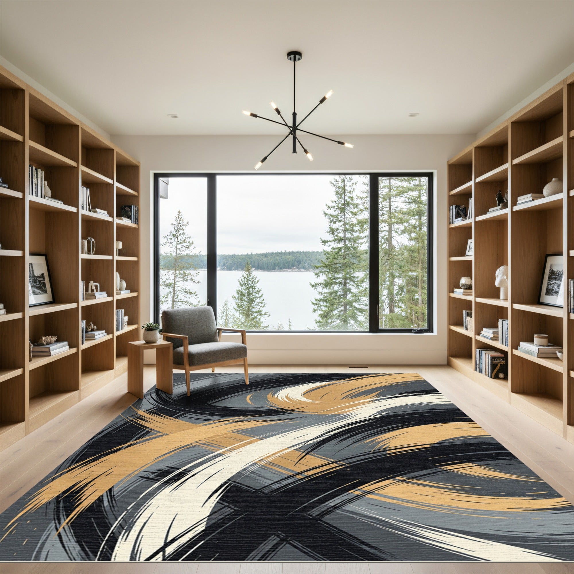 Modern Abstract Golden Swirl Rug