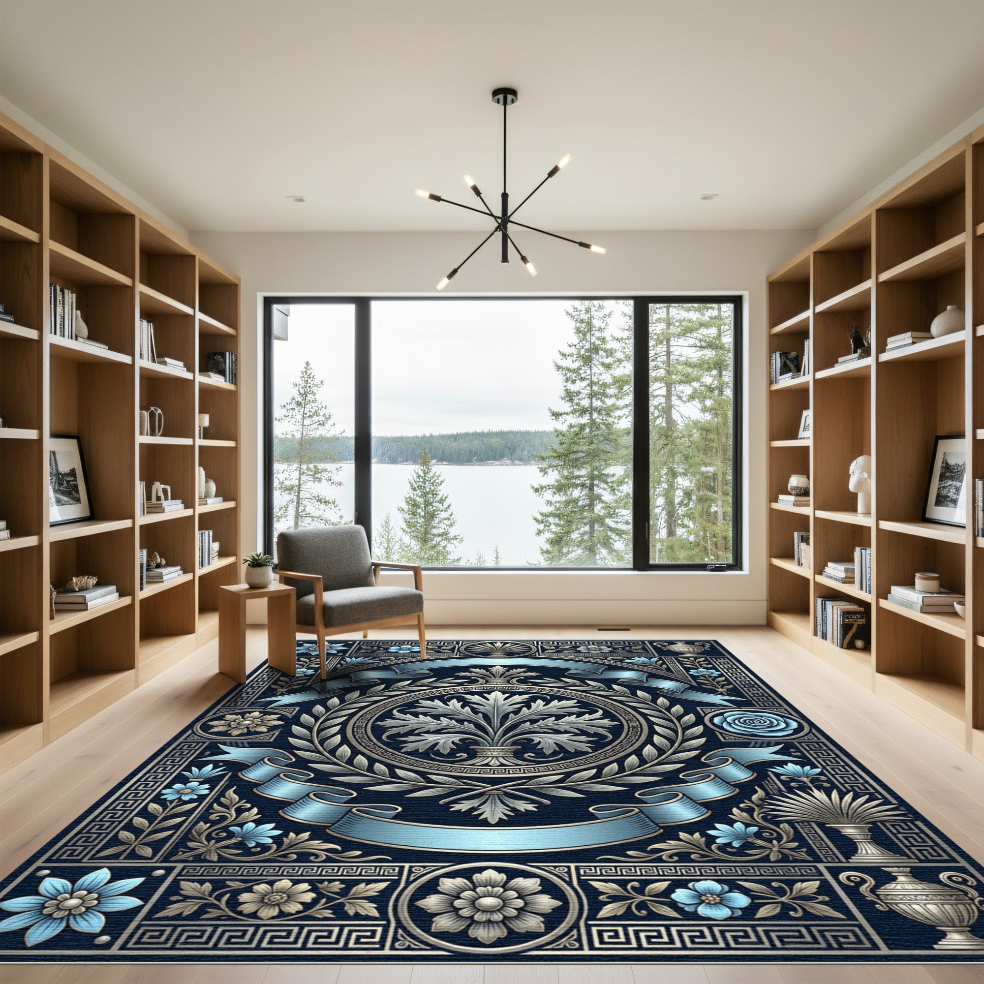 Ancient Ocean Blue Floral Emblem Rug