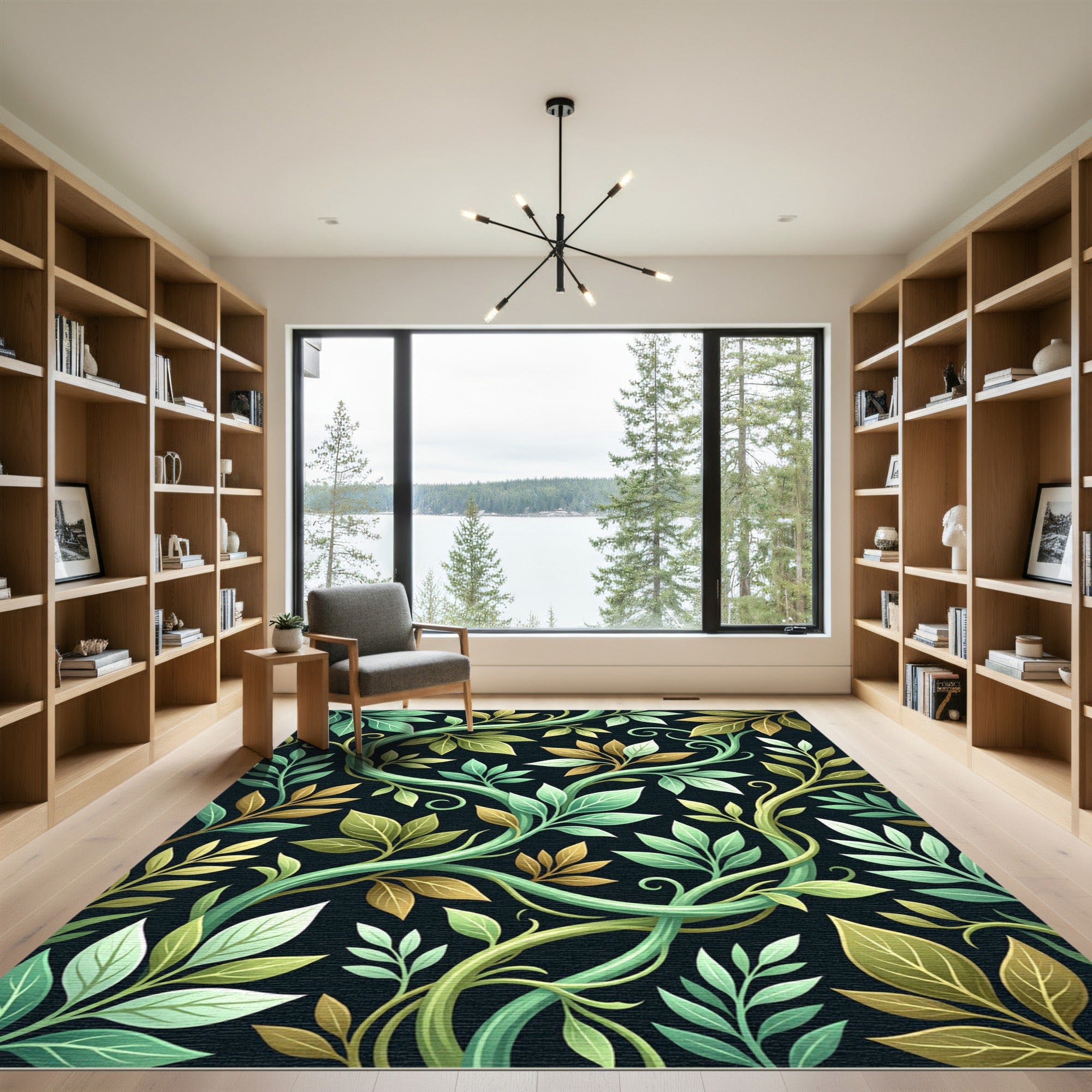 Lush Emerald Golden Vine Botanical Rug