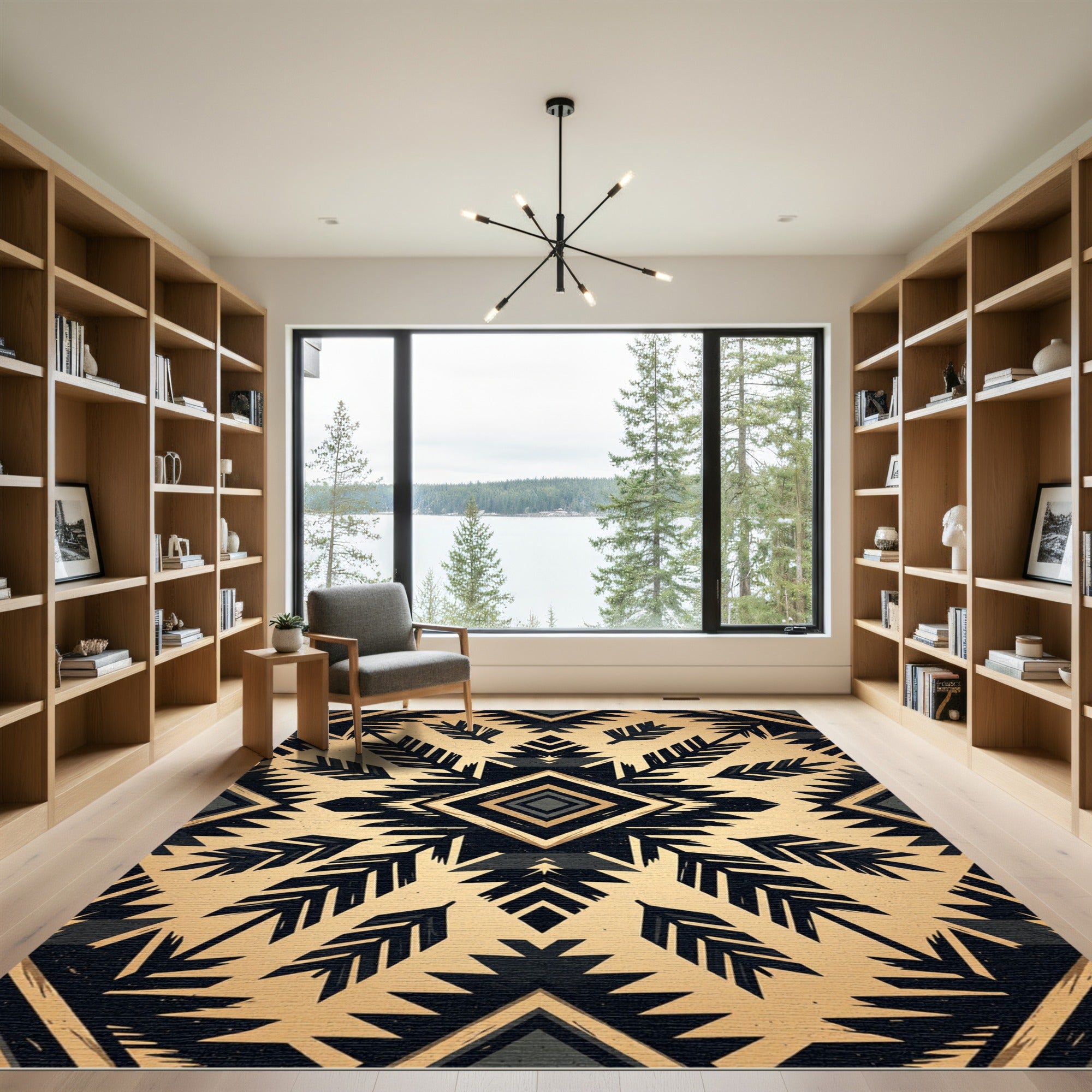 Golden Black Tribal Feather Diamond Rug