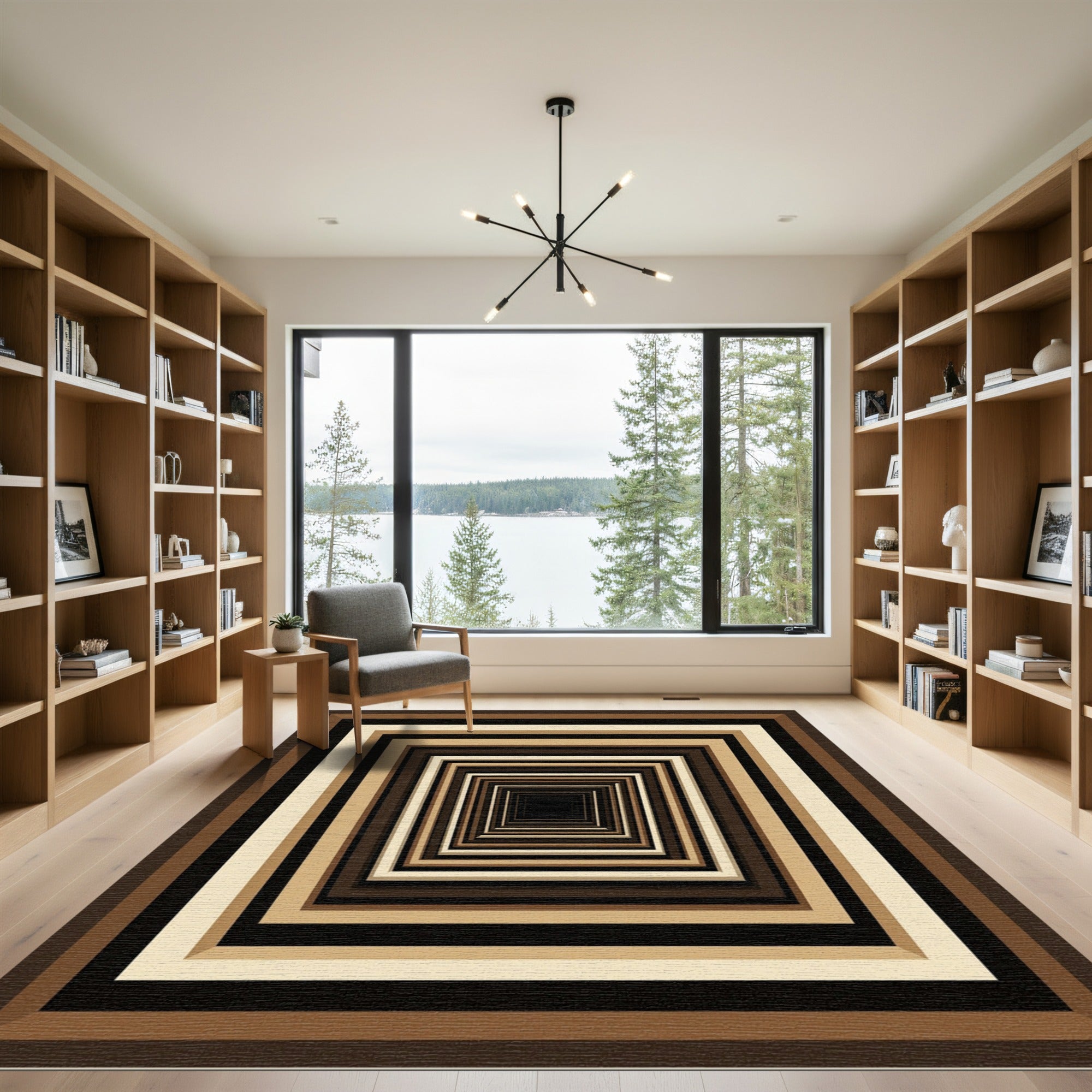 Modern Brown Beige Concentric Rectangular Tunnel Rug