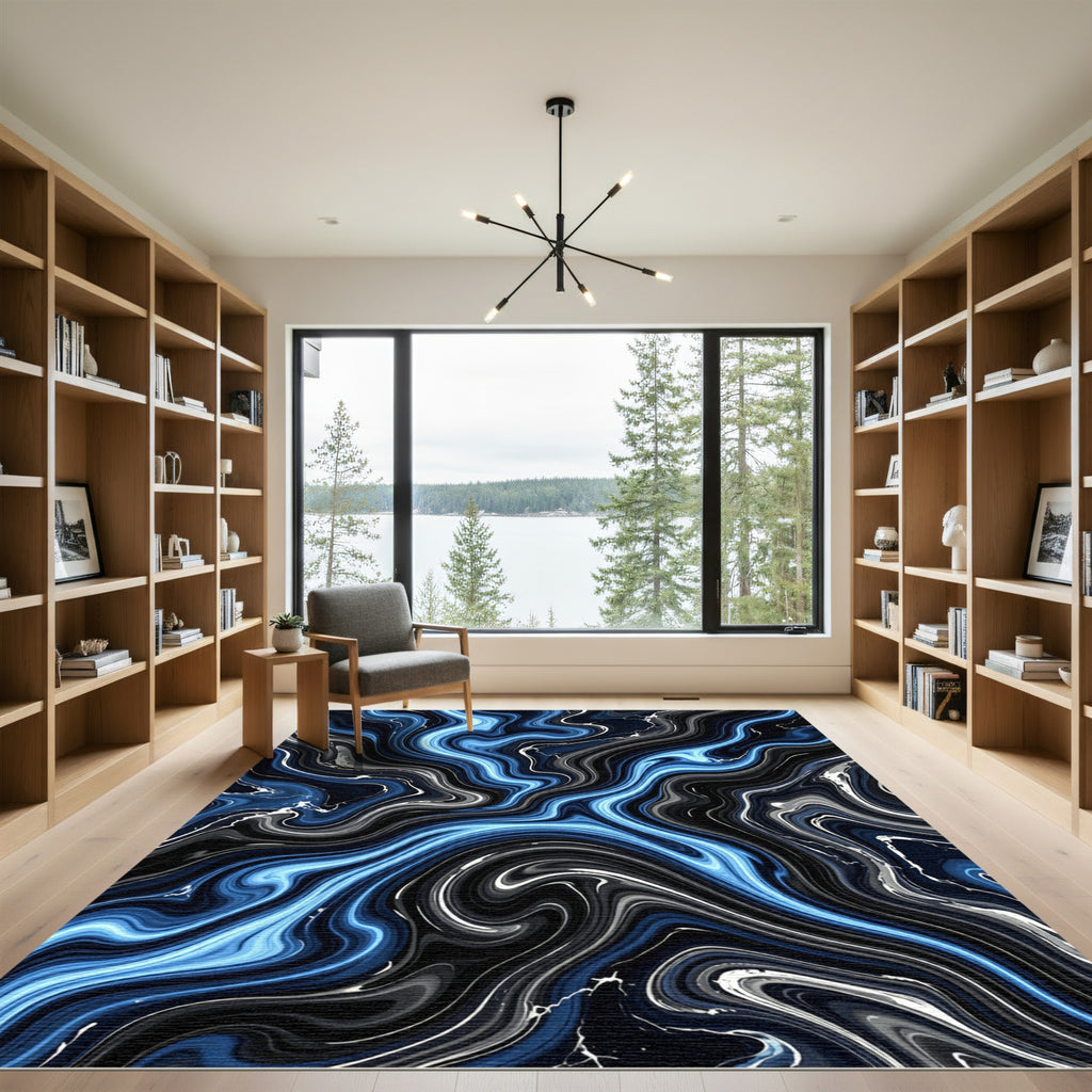 Metallic Blue and Black Liquid Swirl Rug