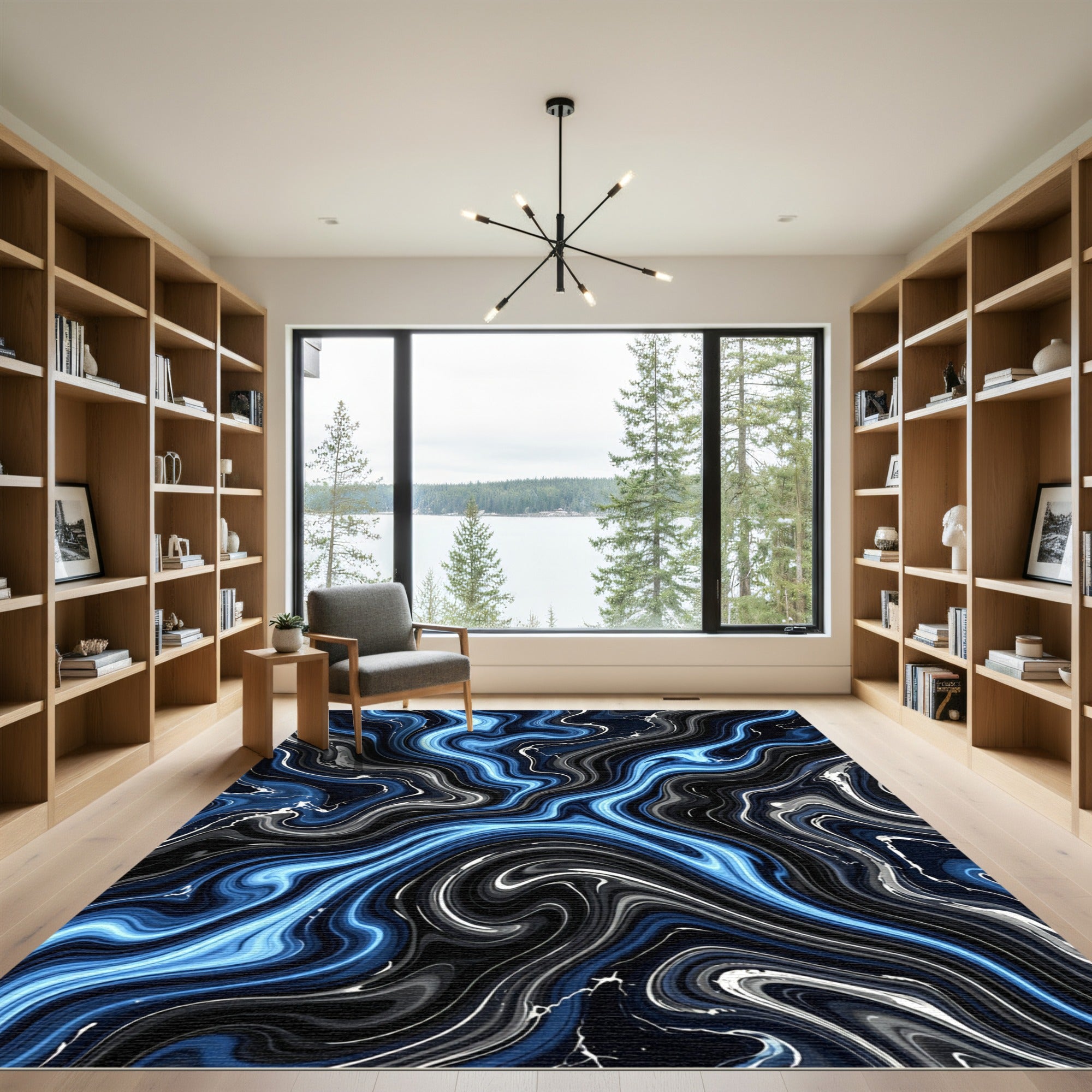 Metallic Blue and Black Liquid Swirl Rug