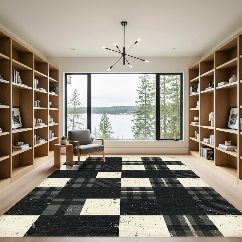 Monochrome Gingham Patchwork Grid Rug
