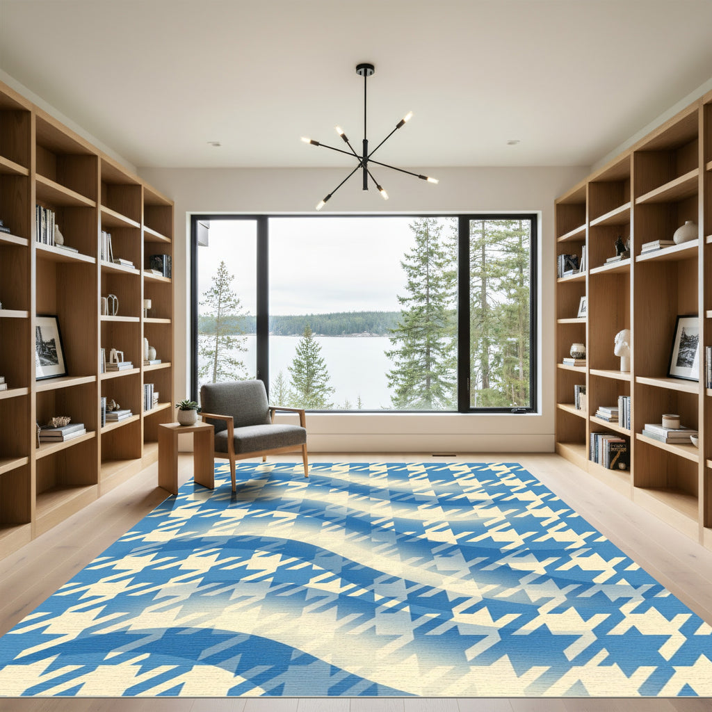 Blue Cream Houndstooth Wave Rug