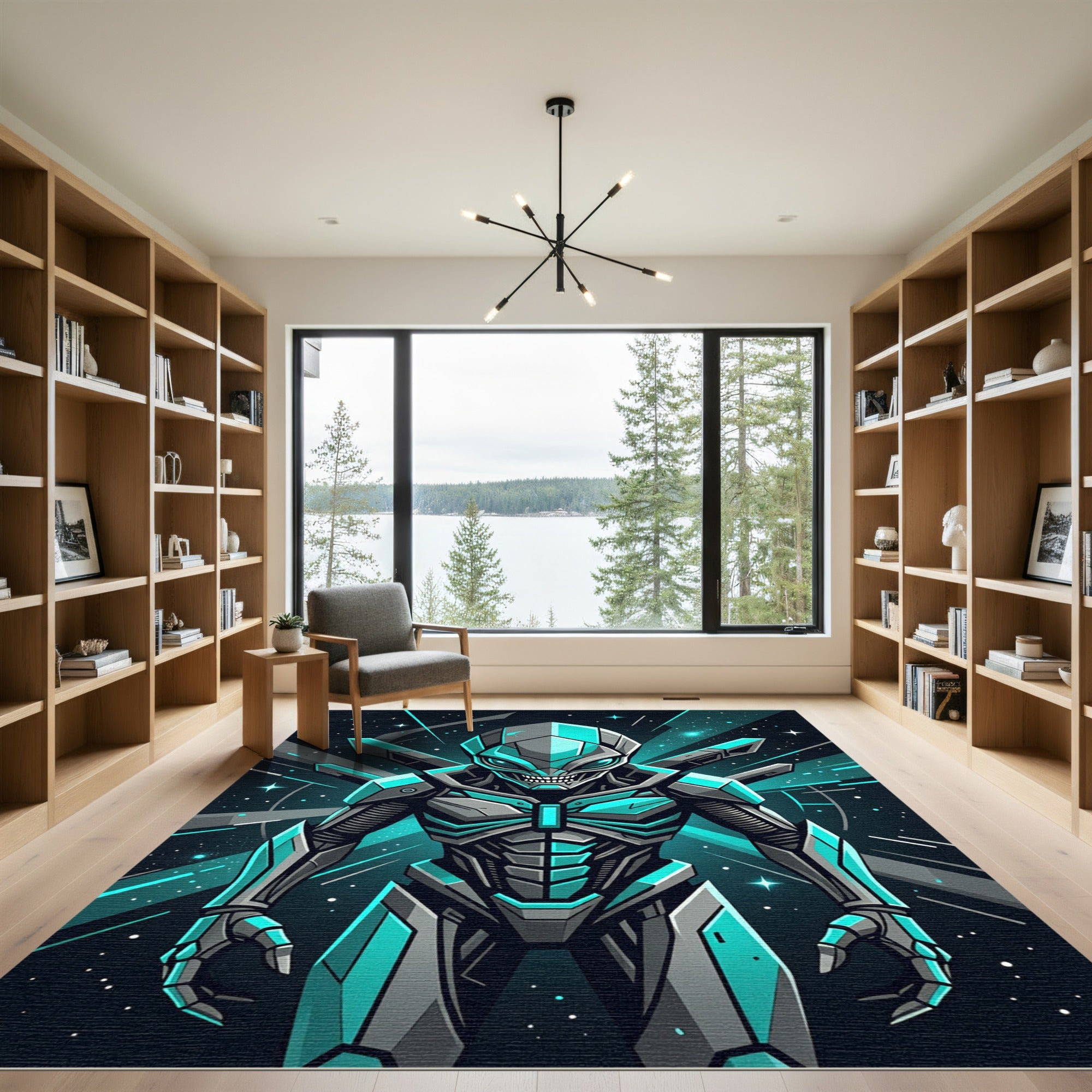 Neon Cybernetic Alien Android Warrior Rug