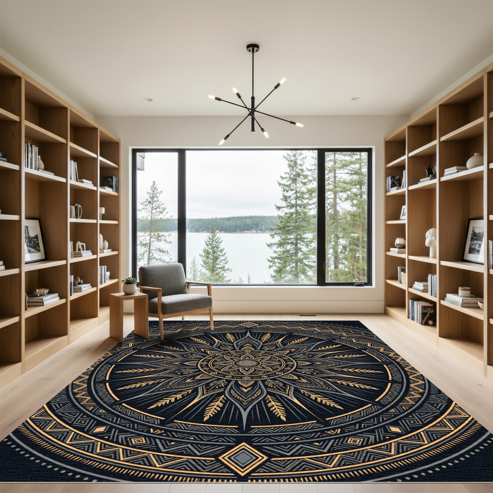 Golden Mandala Geometric Black Medallion Rug