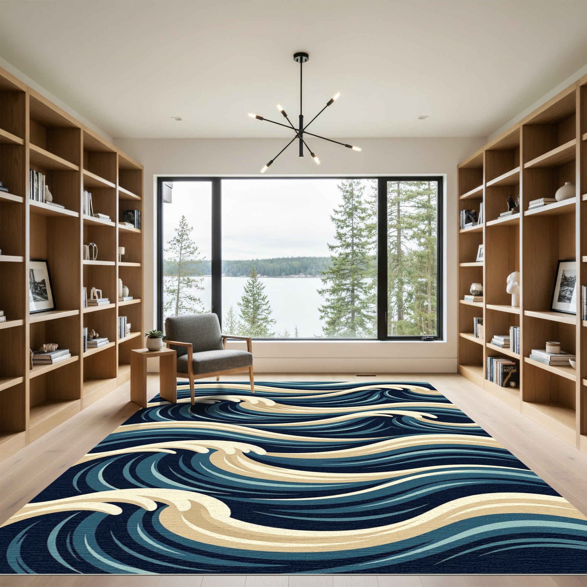 Deep Blue Cream Ocean Waves Rug