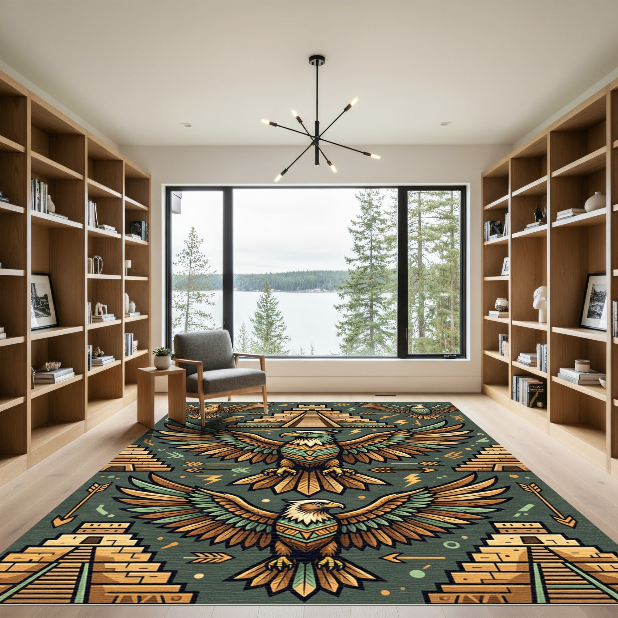 Golden Eagle Aztec Pyramid Green Rug